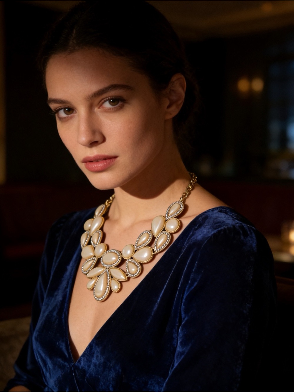 Cream Faux Stone Pearl Bib Statement Collar Necklace - Gold Tone